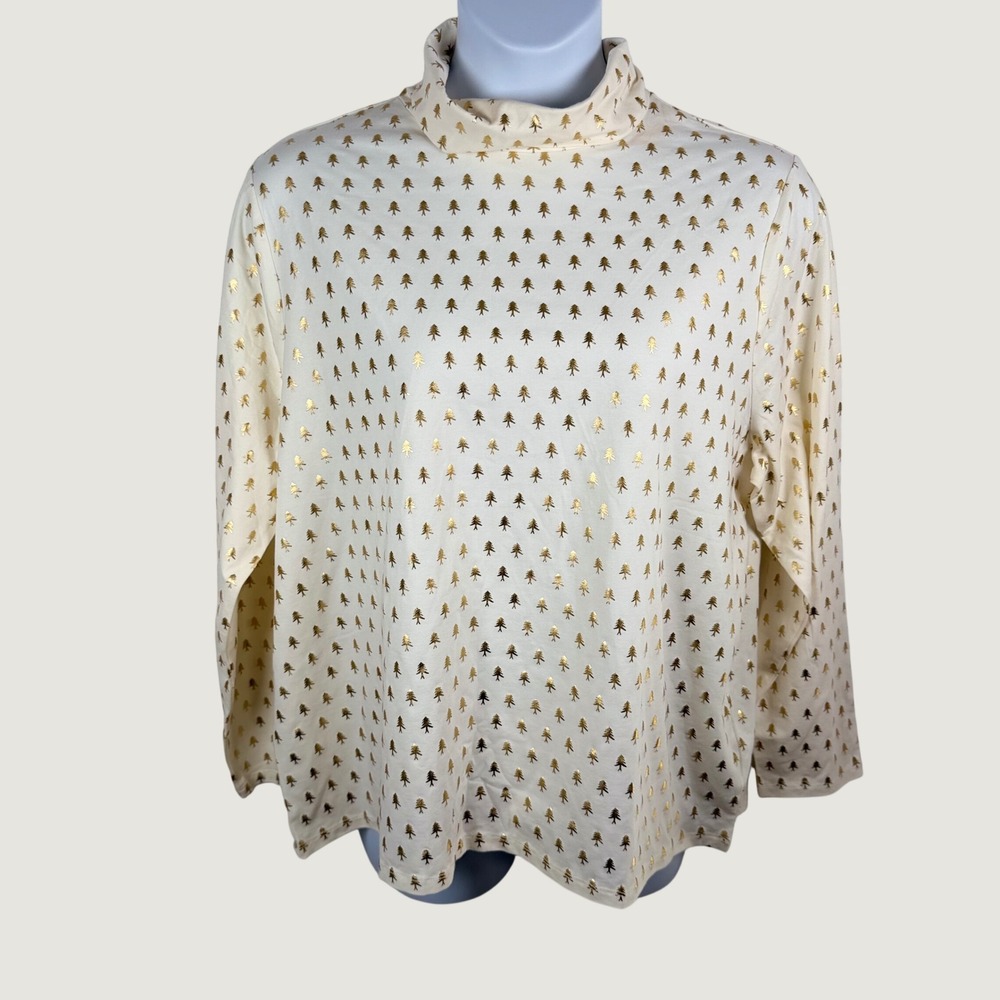 Talbots Plus 3X Ivory Gold Foil Christmas Tree Turtleneck Long Sleeve Tee